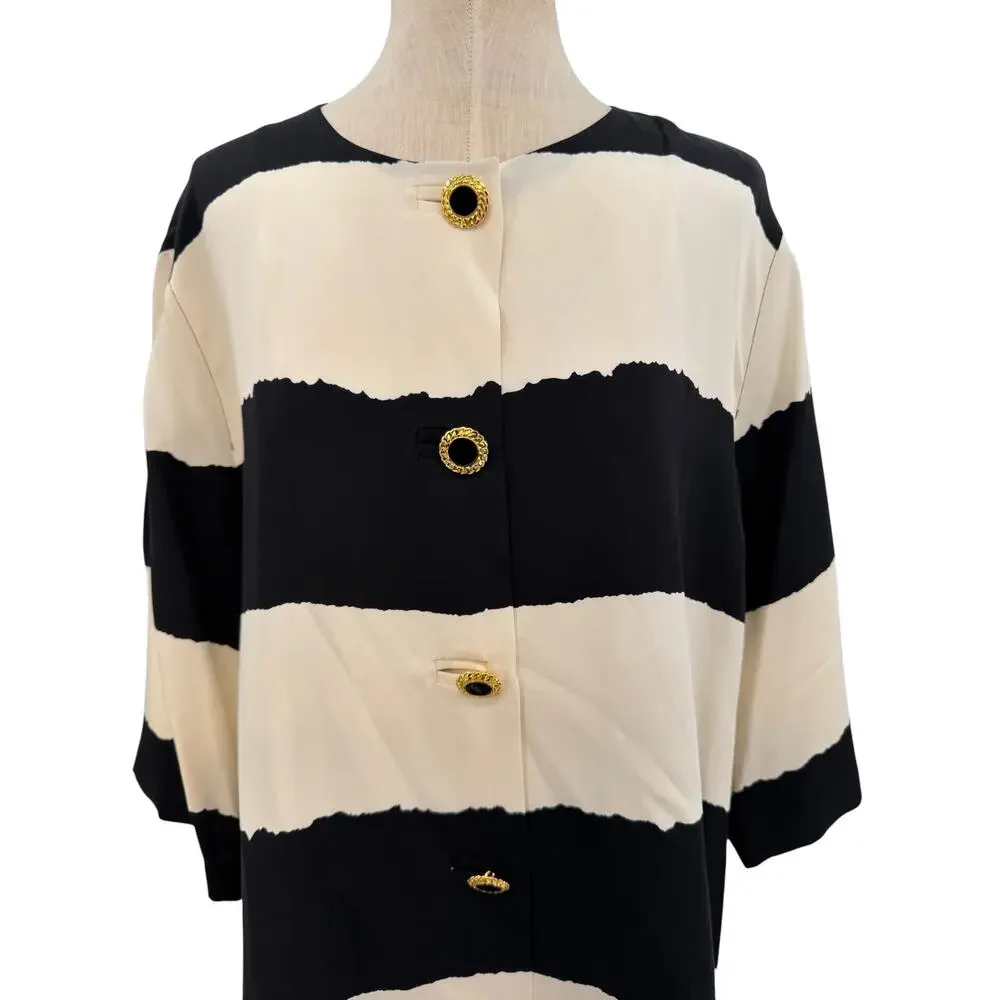 Marina‎ Rinaldi Silk Stripe Button Front Top Black Ivory Italy US 16 25